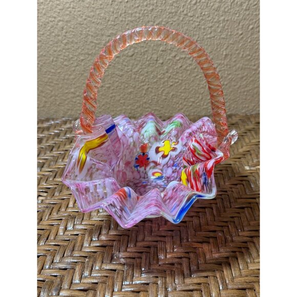 Vintage Italian Splatter Millefiori Ruffled Glass Basket Murano Polished Base - Picture 2 of 8